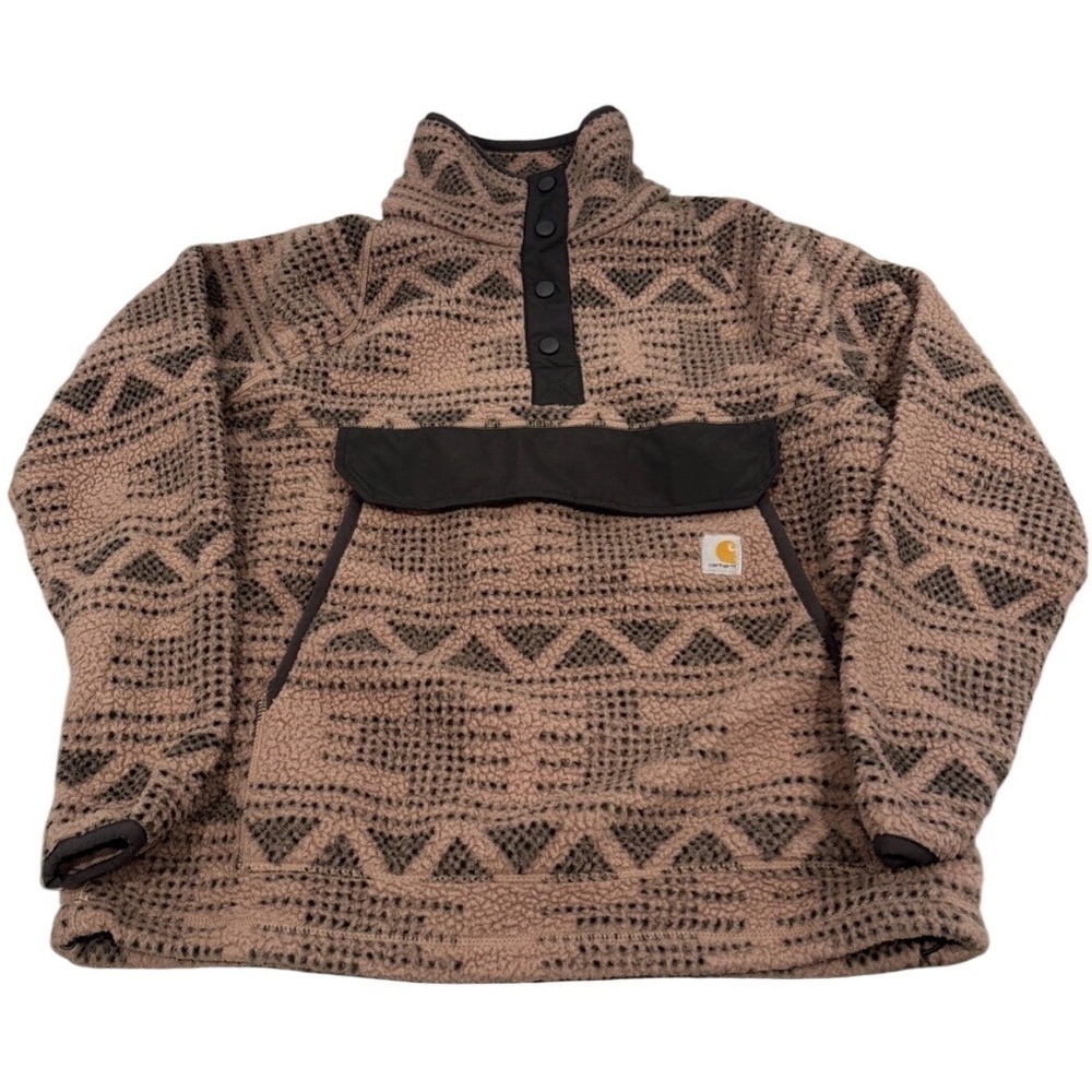 Carhartt Pullover Women 1X Brown New Geometric OJ4991-W Sherpa Fleece Relaxed Fi